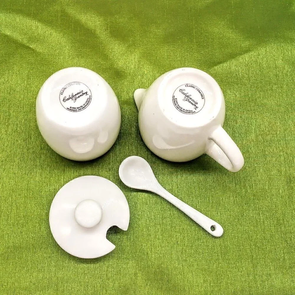 California Pantry White Ceramic Creamer Covered Sugar Bowl & Spoon